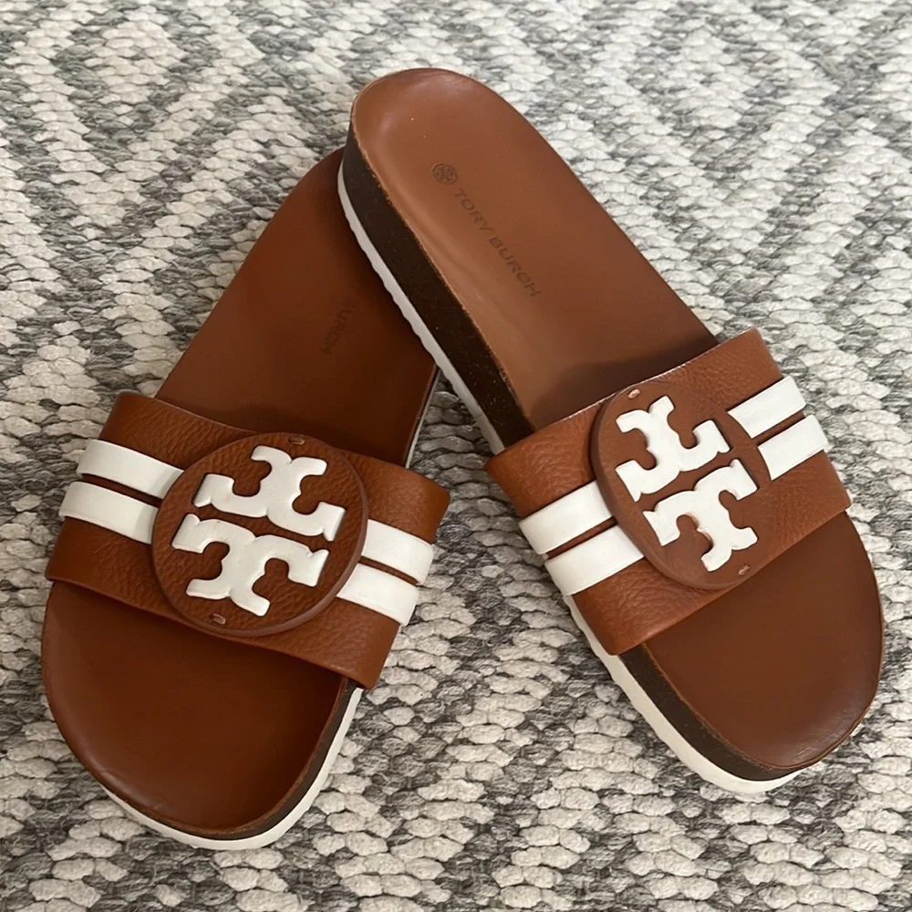 Tory Burch Brown and White Logo Leather Slide Sandals